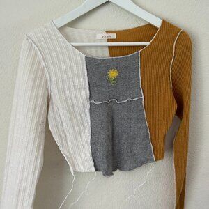 Color-Block Long Sleeve T with Embroidered Flower